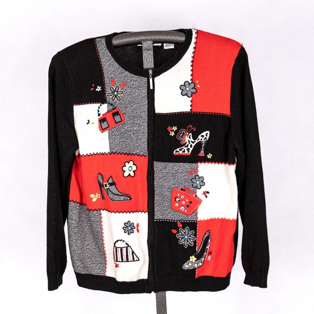 Vintage Alfred Dunner Novelty Cardigan Sweater LARGE Whimsical Fashion Shoes